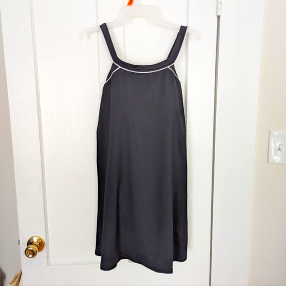Land's End Hi neck swimdress black w/ white piping 16 D